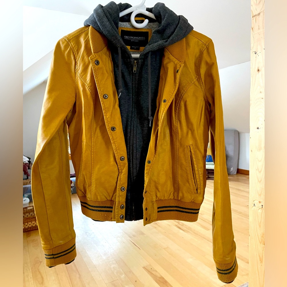 OBEY PROPAGANDA mustard colored leather jacket with hoodie attached, size small